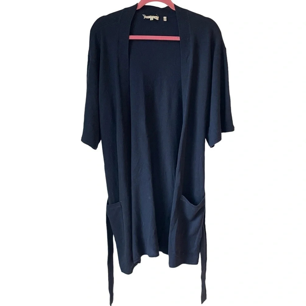 VINCE navy blue 100% cashmere long belted short‎  sleeve cardigan